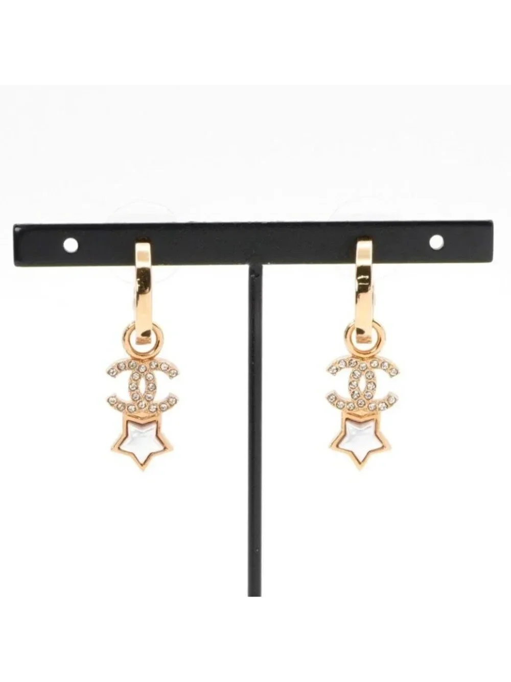 Chanel Earrings Gold Coco Mark Star Hoop Rhinestone